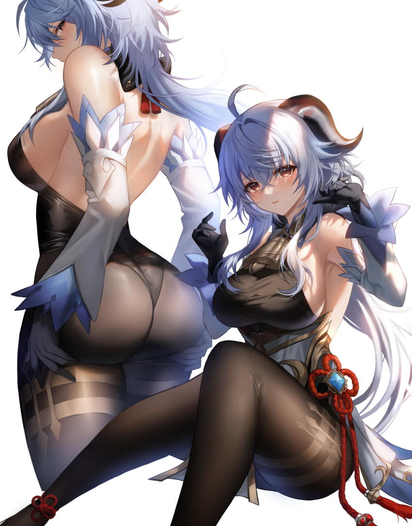 absurdres ahoge ass ass_support bangs bare_shoulders bell black_leotard blue_hair blush breasts detached_sleeves female ganyu_(genshin_impact) genshin_impact gloves goat_horns gz_(gyoju) highres horns large_breasts leotard long_hair long_sleeves looking_at_viewer multiple_views neck_bell simple_background sitting thighs white_background