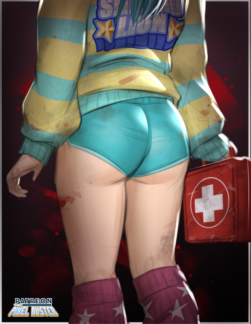 1girls 2020s 2022 ass ass_focus blue_bottomwear bubble_butt butt_crack_outline dbd dead_by_daylight dolphin_shorts female female_only feng_min first_aid_kit kneepits kneesocks shorts solo sweater text thepixelbuster tomboy