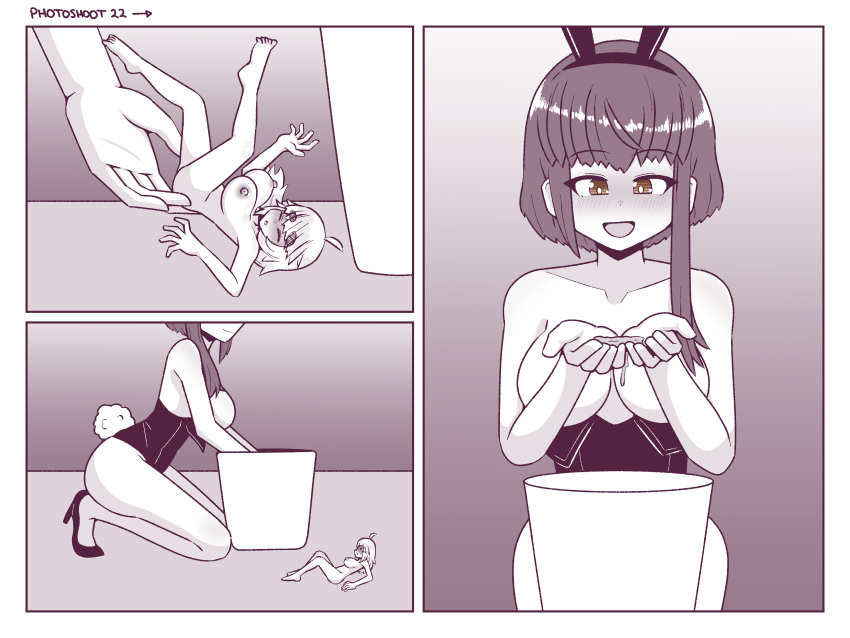 2girls breasts bunny_girl bunnysuit comic comic_page dialogue english english_dialogue female female_only giantess huge_breasts inksgirls macro_female micro_female micro_on_macro mole_on_breast monochrome nude nude_female original original_character page_22 short_hair shrinking shrunk shrunken_woman yuri