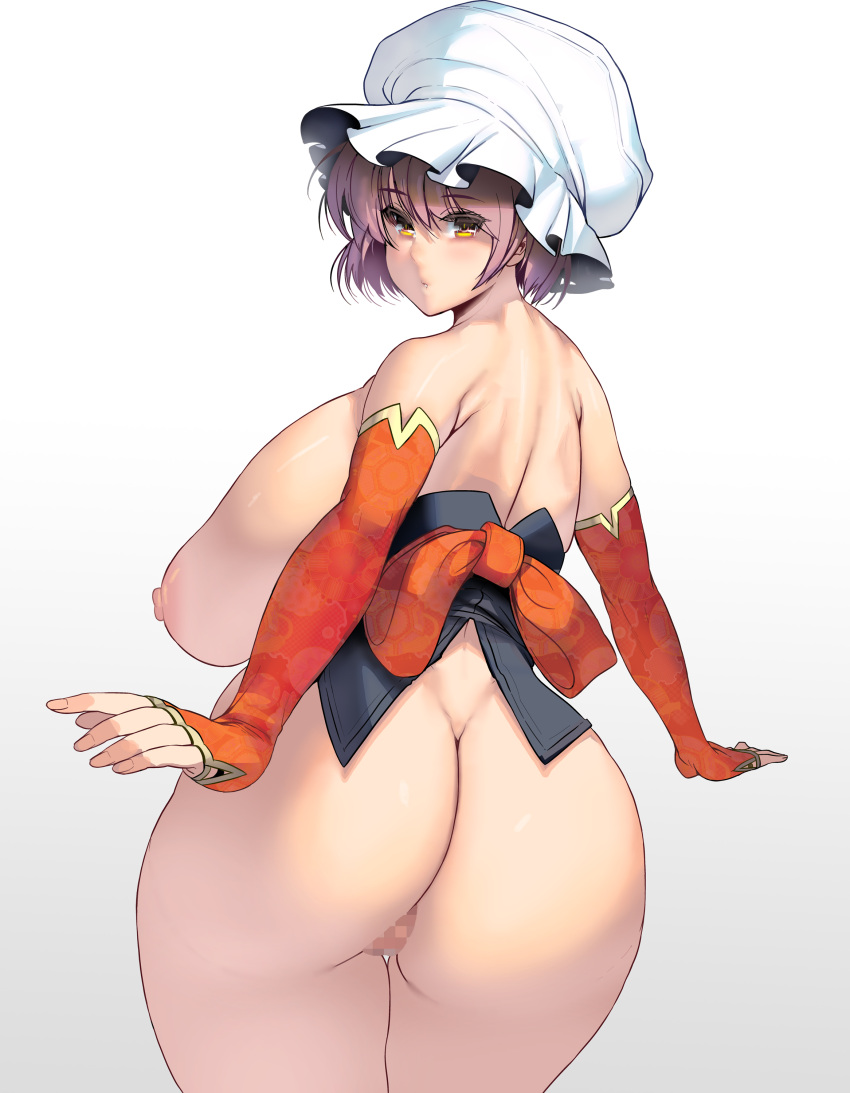 big_ass big_breasts blush bonnet bottomless curvaceous curvy elbow_gloves fingerless_gloves functionally_nude gloves headwear huge_breasts looking_at_viewer looking_back masao mosaic_censoring mostly_nude no_bra no_panties original pink_hair rear_view short_hair sideboob thick_thighs wide_hips yellow_eyes