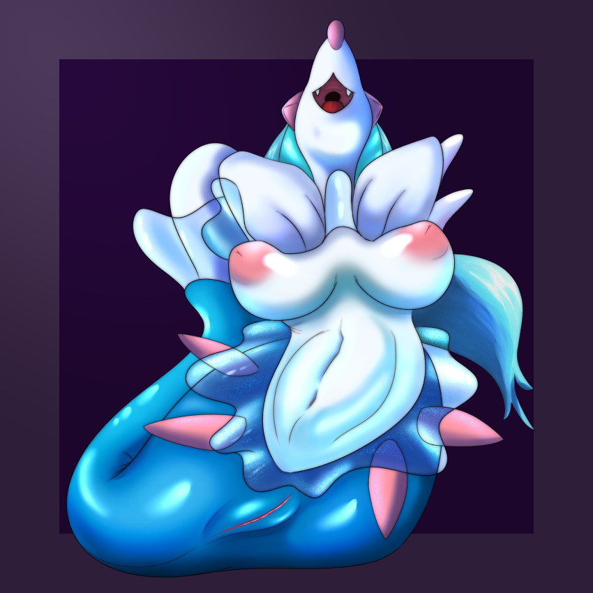 absurd_res big_breasts blue_hair breasts female flashing genitals hair hi_res mammal marine merfolk nintendo pokémon_(species) pokemon primarina pussy simple_background smile solo split_form thick_tail video_games white_body wisty