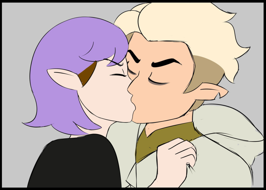 1boy 1girls amity_blight closed_eyes colored comic_panel devilishrr disney disney_channel disney_xd duo eyebrows_visible_through_hair female french_kiss fully_clothed grabbing_clothing grey_background hand_on_chest head_shot hunter_(the_owl_house) kissing male neck parody purple_hair robe short_hair straight_hair the_owl_house