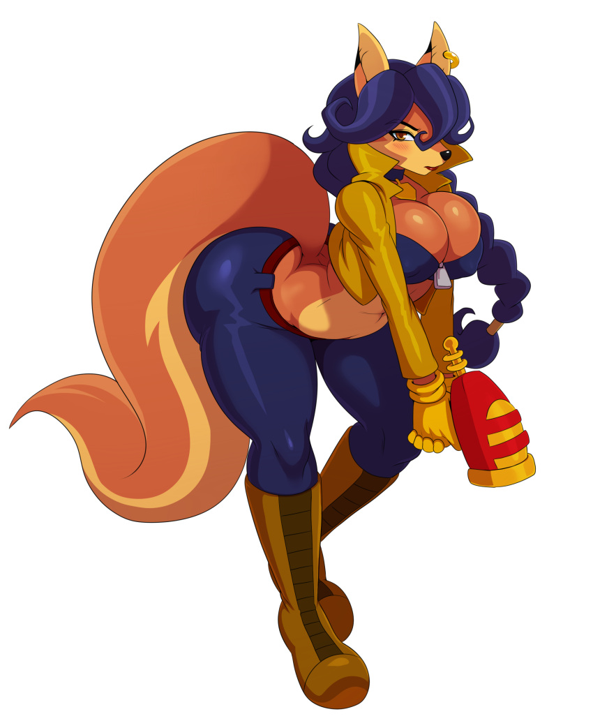 2022 absurd_res anthro ass ass_cleavage big_ass big_butt biped black_nose blue_hair boots breasts butt_crack canid canine carmelita_fox cleavage clothed clothing digital_media_(artwork) ear_piercing female female_only footwear fox gloves gun hair handwear hi_res holding_gun holding_object holding_weapon long_hair looking_at_viewer mammal midriff navel piercing ranged_weapon shock_pistol simple_background sly_cooper_(series) solo solo_female sony_corporation sony_interactive_entertainment sssonic2 sucker_punch_productions video_games weapon white_background