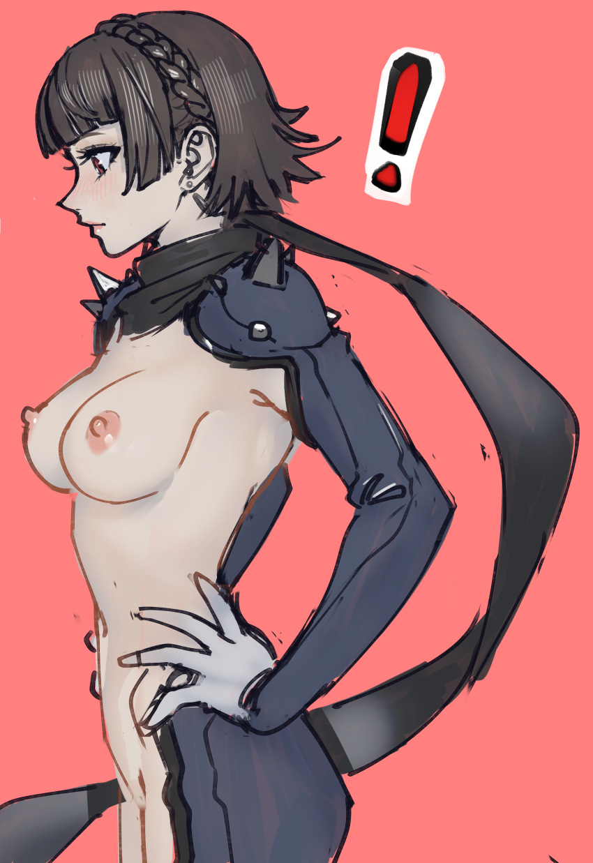 ! armwear braid breasts brown_hair casual clothing exposed_torso female human legwear looking_to_the_side makoto_niijima nipples pale_skin persona persona_5 phantom_thief_suit poechan red_eyes solo solo_female spikes