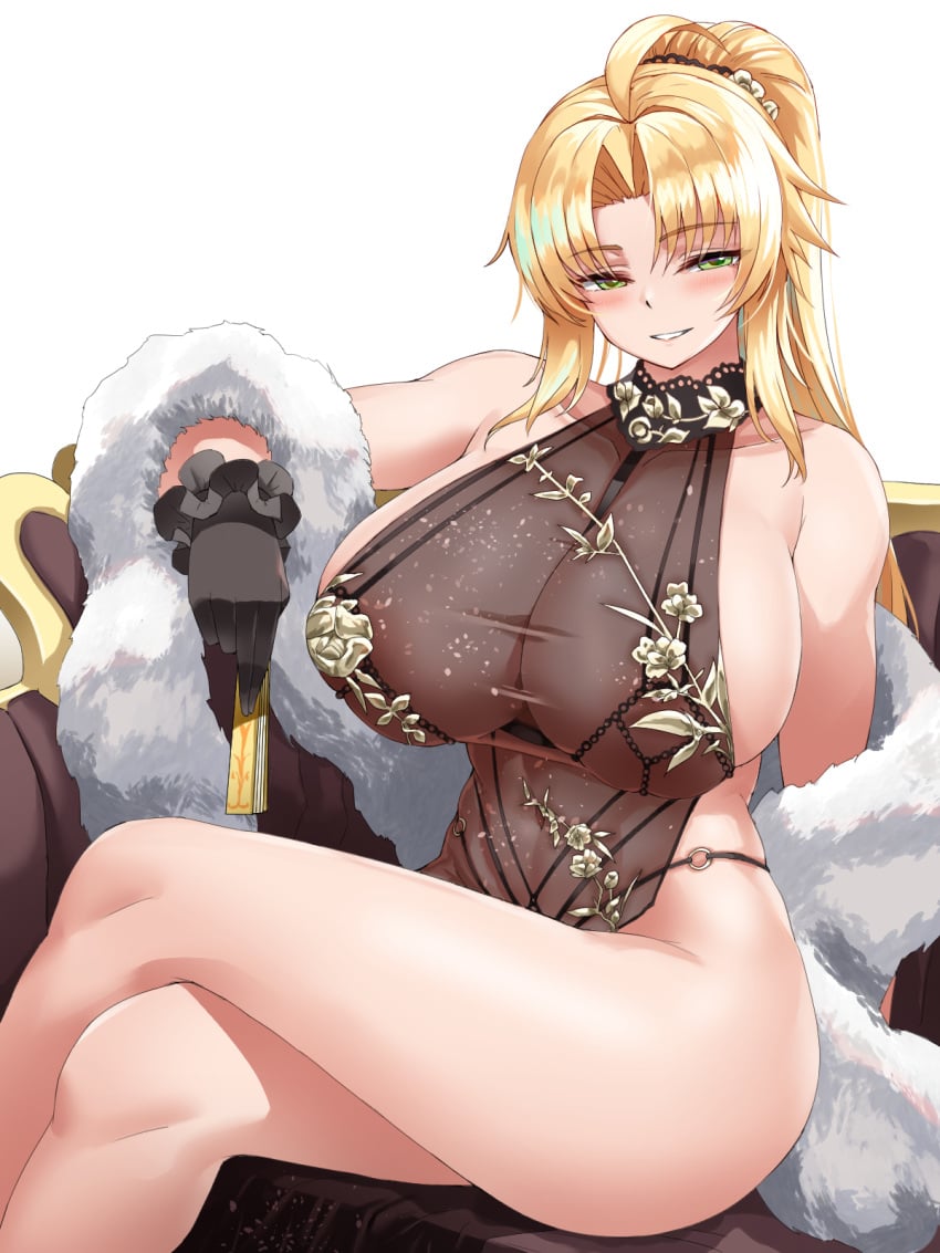 1girls alternate_costume barbariana_(evening_dress)_(last_origin) barbariana_(last_origin) bare_legs blonde_hair blush breasts cho!cho! elegant elegant_dress gloves green_eyes huge_breasts last_origin light-skinned_female light_skin long_hair navel o-ring official_alternate_costume ponytail see-through see-through_clothing see-through_dress sideboob sitting thick_thighs white_background