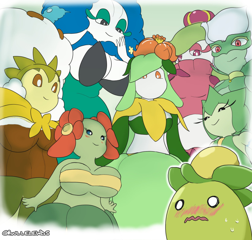 bellossom big_breasts bullelewds eldegoss florges gijinka grass_type green_skin lilligant looking_down milf multiple_girls plant plant_girl plantie pokémon_(species) pokemon pokemon_bw pokemon_dppt pokemon_gsc pokemon_rse pokemon_sm pokemon_ss roselia roserade size_difference smoliv thick tsareena white_hair white_skin