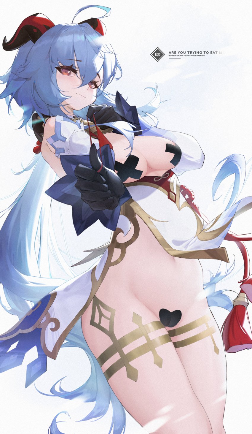 absurdres ahoge bangs bell black_gloves blue_hair blush breasts covered_nipples detached_sleeves dress female ganyu_(genshin_impact) genshin_impact gloves goat_horns highres horns l_ract large_breasts long_hair looking_at_viewer maebari purple_eyes solo thighs white_dress