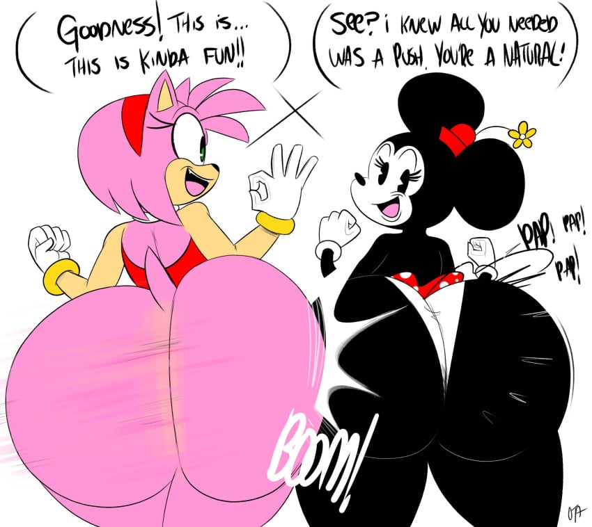 2girls amy_rose anthro ass ass_clapping ass_shake ass_to_ass big_ass big_butt bottom_heavy bubble_ass bubble_butt clothing dat_ass dialogue disney dress fat_ass fat_butt females females_only flower gloves hairband hat hedgehog huge_ass huge_butt large_ass large_butt miniskirt minnie_mouse mouse ota_(artist) panties pot public_domain rodent sega skirt sonic_(series) sonic_the_hedgehog_(series) text thick_ass thick_thighs twerking upskirt wide_hips