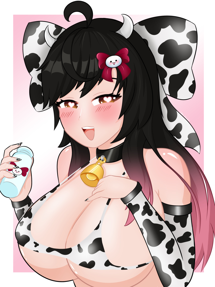 belly big_breasts bikini black_hair blush bow breasts cow_girl cow_horns cow_print cowbell female female_only heart-shaped_pupils horns huge_breasts indie_virtual_youtuber kuroshiro_nya long_hair nail_polish virtual_youtuber yadidoll_zaotome youtube youtube_hispanic