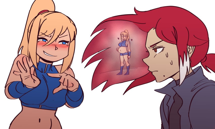 1boy 1girls artist_self-insert asking_for_it before_and_during_pregnancy blush female hand_gesture impregnation impregnation_request jojo_reference metroid naughty_face nintendo nonosamu oc ponytail pregnant red_hair samus_aran sex_gesture smile sweat taller_girl