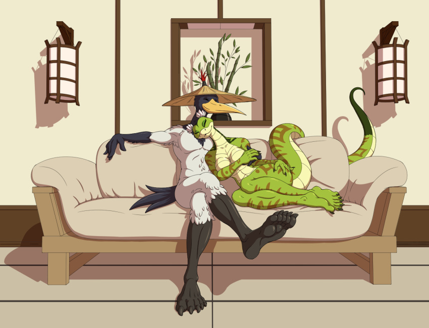 5_fingers 5_toes anthro closed_eyes couch couple crane cuddle dentist_(artist) female female_focus happy humanoid_feet kung_fu_panda male male_focus master_crane master_viper naked snake soles