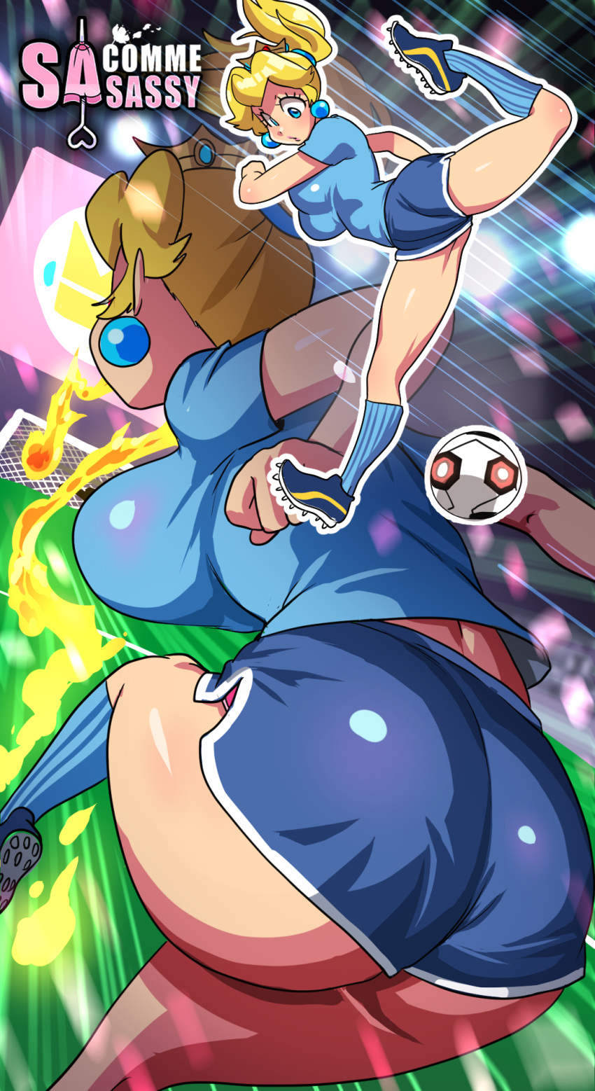 1girls 2022 6:11 absurd_res alternate_breast_size artist_name ass ball bare_arms big_ass blonde_hair blue_eyes blue_shirt blue_shorts breasts cleats clothed clothing crown earrings female female_only field fire football football_player football_uniform gym_shorts highres jewelry kicking large_breasts long_hair looking_down mario_(series) mario_strikers multiple_views night nintendo outdoors playing_sports ponytail princess_peach sasatseng shirt shoes short_shorts shorts soccer soccer_ball soccer_uniform socks solo sportswear thighs tied_hair tight_clothing watermark