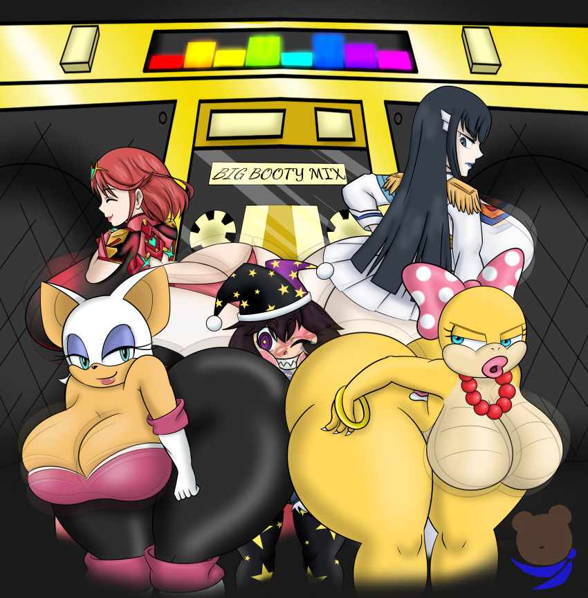 anthro ass_cleavage big_ass big_breasts butt_crack crossover gold_boombox_(prevence) kill_la_kill kiryuuin_satsuki koopaling mario_(series) massive_ass massive_breasts multiple_girls naughty_teddy_n oc_character pyra rouge_the_bat sonic_(series) surrounded_by_ass twerking twerking_on_face wendy_o._koopa xenoblade_(series) xenoblade_chronicles_2