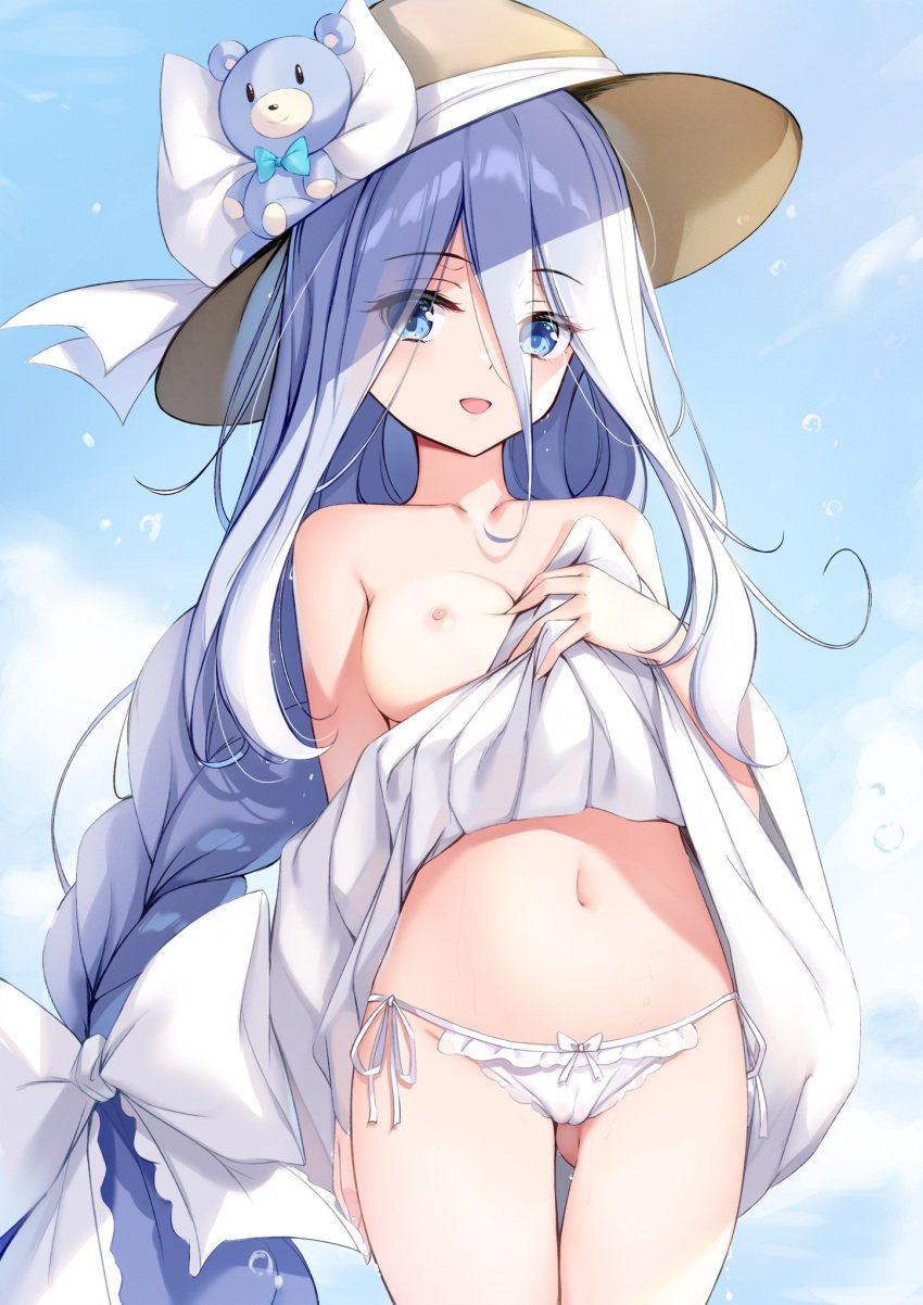 bikini blue_hair blue_sky bow breasts brown_headwear cloud collarbone commentary_request date_a_live day eyes_visible_through_hair female hair_between_eyes hairbow highres long_hair looking_at_viewer medium_breasts navel nipples side-tie_bikini sky solo stomach stuffed_animal stuffed_toy swimsuit takamiya_mio teddy_bear touxing_no_diluka very_long_hair white_bow