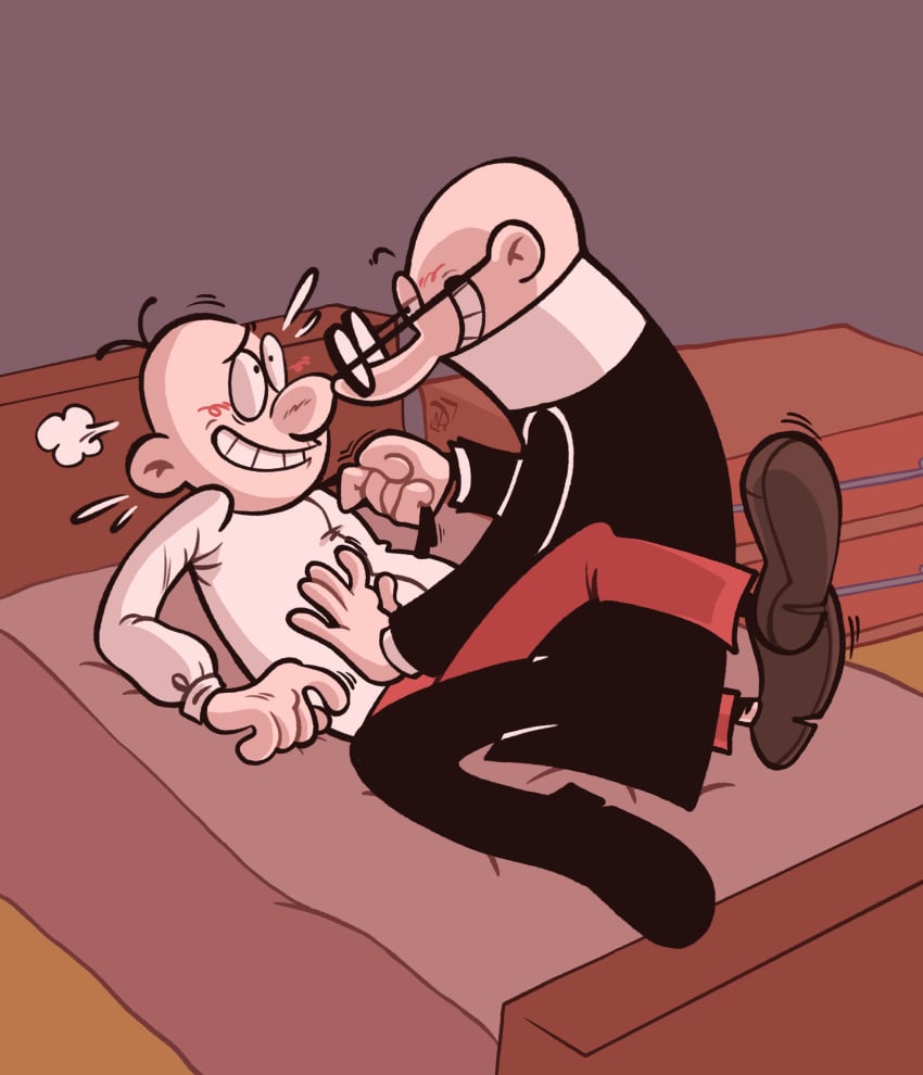 2boys bed bedroom blush blush_lines cartoony clothed filemon_pi gay imminent_sex male mortadelo mortadelo_y_filemon nervous nervous_expression nervous_face nervous_male nervous_smile nesuchrist on_bed tagme toony yaoi