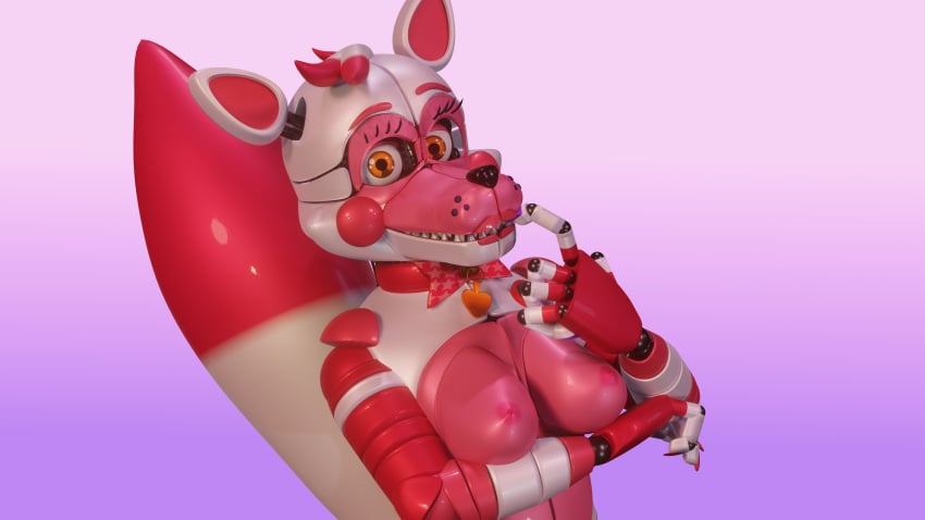 3d 3d_(artwork) animal_ears animatronic anthro biting_finger blender breasts chest choker five_nights_at_freddy's five_nights_at_freddy's:_sister_location funtime_foxy_(fnaf) funtime_foxy_(fnafsl) furry gradient_background looking_at_viewer medium_breasts no_bra pink_hair pink_lips robot robot_girl tail white_fur yellow_eyes