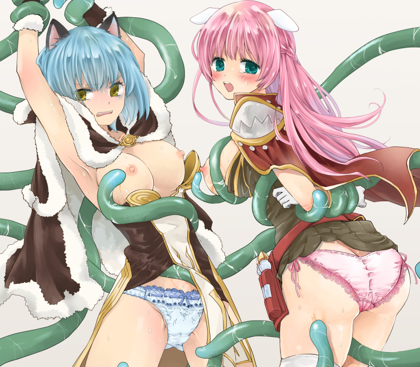 2girls animal_ears ass ass_cleavage bangs belt blue_hair blue_panties blush bow bow_panties braid breasts brown_cape brown_dress brown_gloves butt_crack cape cat_ears commentary_request commission cowboy_shot creator_(ragnarok_online) dog_ears dress french_braid fur-trimmed_cape fur-trimmed_gloves fur_trim gloves green_eyes high_wizard_(ragnarok_online) highres kainohito lace lace-trimmed_panties lace_trim large_breasts layered_dress long_hair looking_back multiple_girls nipples open_mouth panties pink_hair pink_panties ragnarok_online red_belt red_cape restrained short_dress short_hair skeb_commission slime_(substance) strapless strapless_dress tentacle tentacles_under_clothes thighhighs two-tone_dress underwear vial white_dress white_gloves white_legwear yellow_eyes