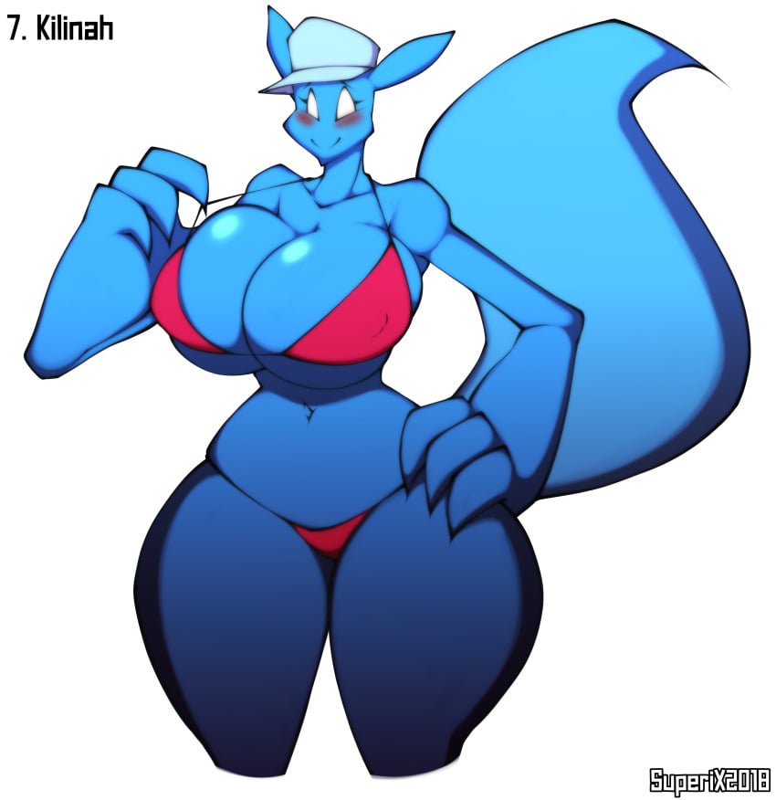 10s 1girls 2018 4k abstract_background absurd_res anthro belly_button big_breasts big_tail bikini bikini_pull blue_body blue_fur blue_skin blush breast_squish breasts canid canine cap cleavage clothed clothing curvaceous curvy curvy_body curvy_female curvy_figure digital_drawing_(artwork) digital_media_(artwork) eyelashes female female_focus female_only fingers fox hand_on_hip hat hi_res hourglass_figure huge_breasts kali_(kilinah) kili_(kilinah) long_tail mammal navel nipple_outline simple_background skimpy skimpy_bikini slim_waist small_waist smile solo superix swimwear thick_thighs underboob voluptuous wide_hips