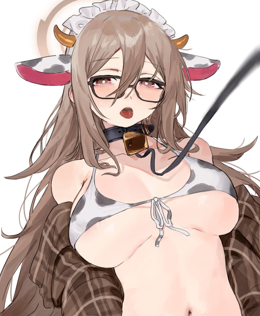 akane_(blue_archive) animal_ears animal_print aochoku areola_slip bare_shoulders bell bikini blue_archive breasts breasts_apart brown_eyes brown_hair brown_jacket cleaning_&_clearing_(blue_archive) collar collarbone cow_bikini cow_ears cow_horns cow_print cowbell female front-tie_top glasses hair_between_eyes halo highres horns jacket large_breasts leash long_hair looking_at_viewer maid_headdress millennium_science_school_student navel off_shoulder open_mouth simple_background solo sweat swimsuit tongue upper_body