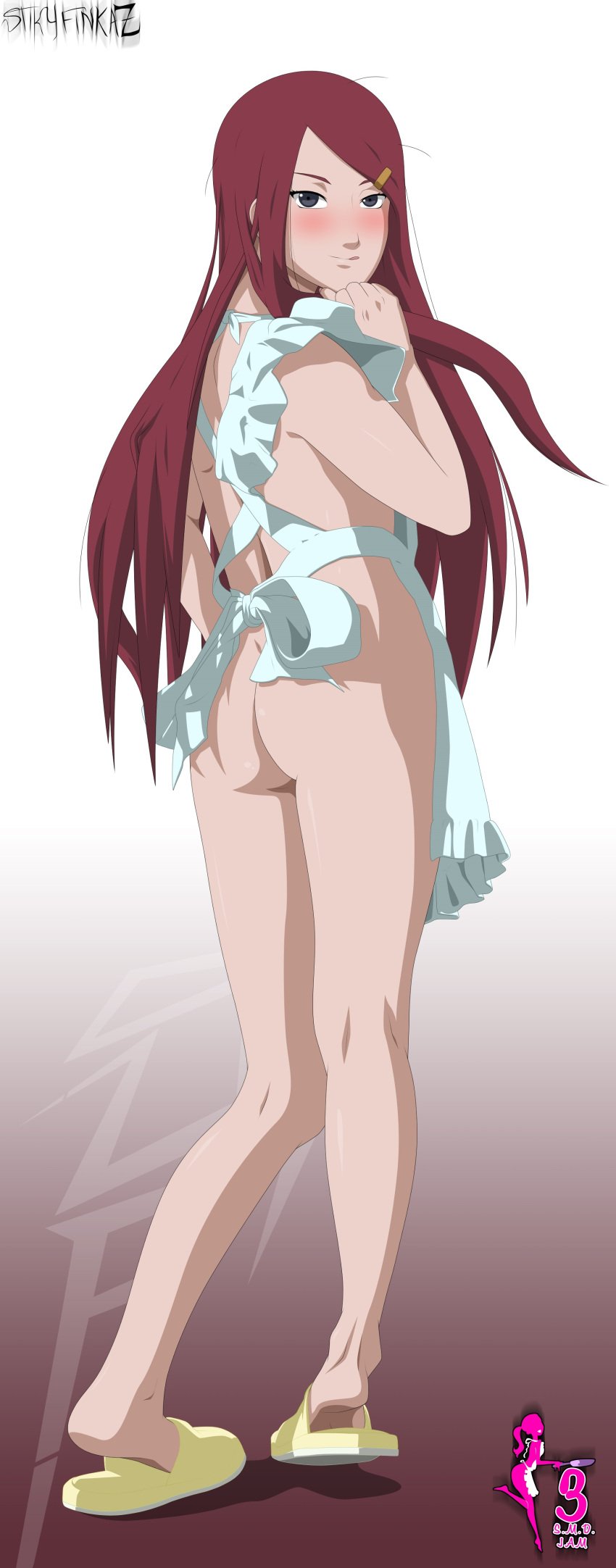 absurdres apron apron_only ass barely_clothed disheveled female female_only from_behind full_body hair_ornament hairpin highres legs looking_at_viewer looking_back messy messy_hair milf mostly_nude naked_apron naruto naruto_(series) naruto_shippuden no_panties purple_eyes red_hair simple_background slippers smile soles solo solo_focus stiky_finkaz tongue tongue_out uzumaki_kushina