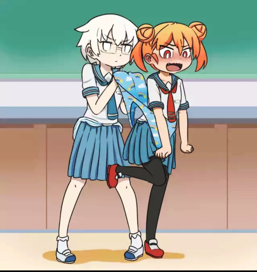 2girls ankle_socks anklehighs blush childish_panties frilled_legwear frilled_socks glasses multiple_girls orange_hair panties panties_over_clothes panty_pull revenge school_uniform schoolgirl short_hair socks stockings striped_panties ueno-san_wa_bukiyou ueno_(ueno-san_wa_bukiyou) underwear uwabaki wedgie white_hair white_socks yamashita_(ueno-san_wa_bukiyou)