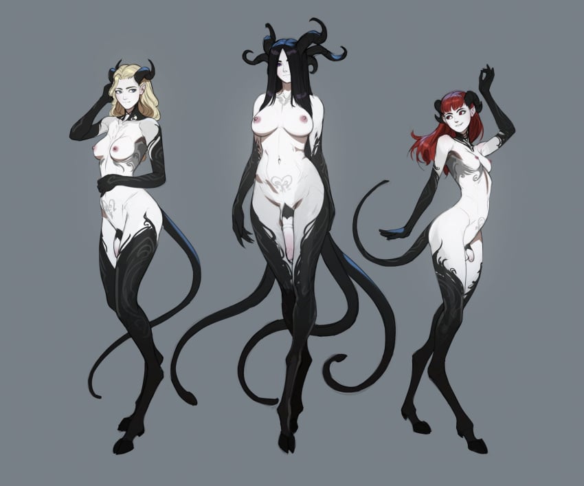 3futas arm_up big_breasts black_hair blonde_hair blue_eyes breasts breasts_apart commentary copryright:mistvale demon demon_girl dickgirl english_commentary flaccid full_body futa futa_only futanari grey_background hair_over_one_eye hand_in_own_hair highres hooves horn horns humanoid humanoid_penis large_breasts long_hair mistveil monster_girl multi_horn multi_tail multiple_girls navel nipples nude original pale_skin penis pubic_tattoo purple_eyes red_eyes red_hair simple_background small_breasts small_penis tail tarakanovich tattoo white_skin wide_hips