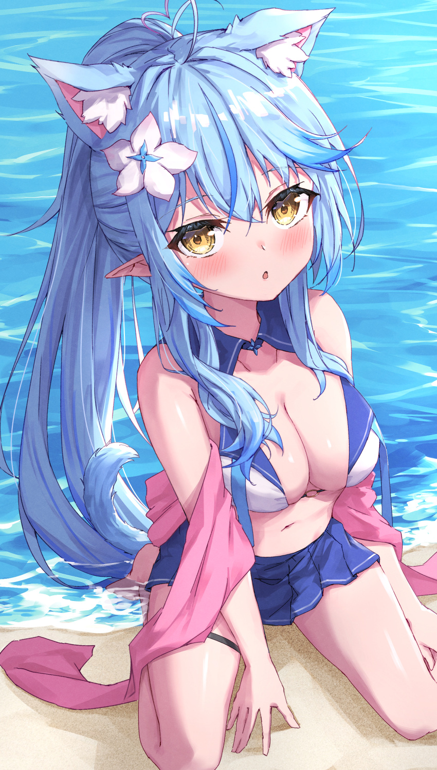 absurdres ahoge animal_ear_fluff animal_ears bangs bare_shoulders beach bikini blue_hair blue_skirt blush breasts cleavage collarbone commentary_request day dog_ears dog_tail female flower hair_between_eyes hair_flower hair_ornament heart heart_ahoge highres hololive hololive_gen_5 hololive_japan kemonomimi_mode long_hair masaki_(msk064) medium_breasts multicolored_hair navel outdoors pleated_skirt pointy_ears ponytail sand seiza sidelocks sitting skirt solo streaked_hair swimsuit tail very_long_hair virtual_youtuber water white_bikini white_flower yellow_eyes yukihana_lamy