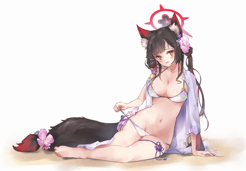 animal_ear_fluff animal_ears arm_support bangs barefoot bikini black_hair blue_archive blush breasts cleavage cometline female flower fox_ears fox_girl fox_tail full_body groin hair_flower hair_ornament halo large_breasts long_hair looking_at_viewer navel open_mouth raised_eyebrows sand sitting solo sweat swimsuit tail thigh_strap towel wakamo_(blue_archive) wakamo_(swimsuit)_(blue_archive) white_bikini yellow_eyes yokozuwari