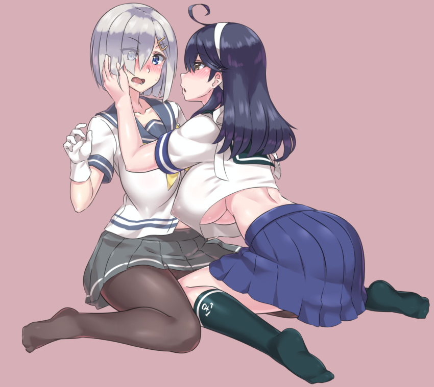 2girls ahoge anchor_symbol black_hair black_legwear blue_eyes blue_skirt blush breasts brown_eyes crop_top crop_top_overhang eyes_visible_through_hair gloves grey_skirt hair_ornament hair_over_one_eye hairclip hamakaze_(kantai_collection) hand_on_another's_cheek hand_on_another's_face headband highres kantai_collection kneehighs kneeling large_breasts leaning_forward long_hair looking_at_another mizuumi_(bb) multiple_girls neckerchief no_bra open_mouth pantyhose pink_background pleated_skirt remodel_(kantai_collection) school_uniform serafuku short_hair short_sleeves silver_hair simple_background sitting skirt underboob uniform upshirt ushio_(kantai_collection) wariza white_gloves yuri