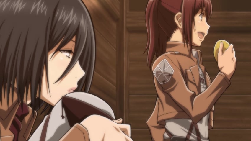 2girls asian asian_female attack_on_titan black_hair clothed clothed_female desperation female female_only fully_clothed indoors jacket light-skinned_female light_skin looking_to_the_side lost_rarities medium_hair mikasa_ackerman military_jacket military_uniform open_mouth pale-skinned_female pale_skin paradis_military_uniform potato sasha_braus scarf shingeki_no_kyojin sideview soldier takapiko training_corps_(emblem) unbuttoned uniform