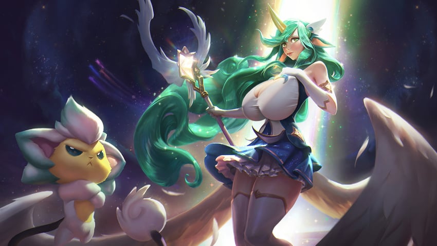 alternate_breast_size blue_skirt blush cleavage edit familiar green_eyes green_hair horn huge_breasts large_breasts league_of_legends long_hair looking_at_viewer official_artwork_edit riot_games skirt soraka staff star_guardian_series star_guardian_soraka sutton184_edits thick_thighs thighhighs third-party_edit very_long_hair wings