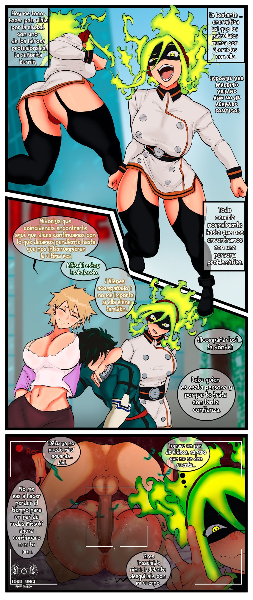 1boy 1boy1girl 2girls arm_around_neck bakugou_mitsuki balls big_penis big_thighs blonde_hair breasts burnin_(my_hero_academia) clothed comic_panel comic_strip completely_nude dialogue faceless_male filming flaming_hair green_hair hero heroine huge_cock huge_penis imminent_mating_press imminent_sex izuku_midoriya izuku_midoriya_(hero_outfit) kamiji_moe large_penis long_penis lord_lince male male/female midoriya_izuku midoriya_izuku_(hero_outfit) mitsuki_bakugou moe_kamiji my_hero_academia naked nude older_female older_woman_and_younger_boy penis sex spanish_dialogue spanish_text testicles text thick_thighs translated younger_male younger_penetrating_older