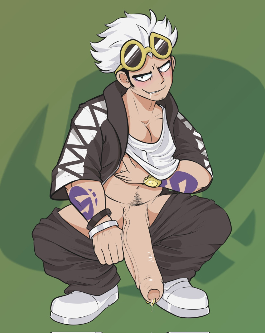 balls bara big_penis boner erection game_freak gay guzma_(pokemon) male male_only muscles muscular nintendo npc_trainer palchamon penis penis_out penis_piercing pokemon pokemon_sm prince_albert_piercing solo solo_male spread_legs squatting team_skull