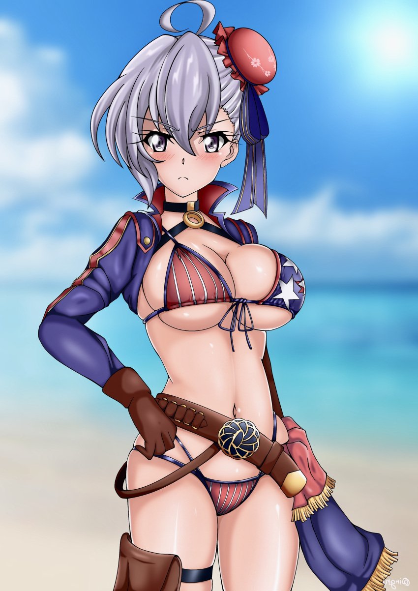 ahoge american_flag_bikini bikini blush breasts cleavage closed_mouth cosplay female female flag_print kyomeihibiki large_breasts looking_at_viewer navel ocean outdoors purple_eyes purple_hair senki_zesshou_symphogear shiny shiny_hair shiny_skin sky solo swimsuit yukine_chris