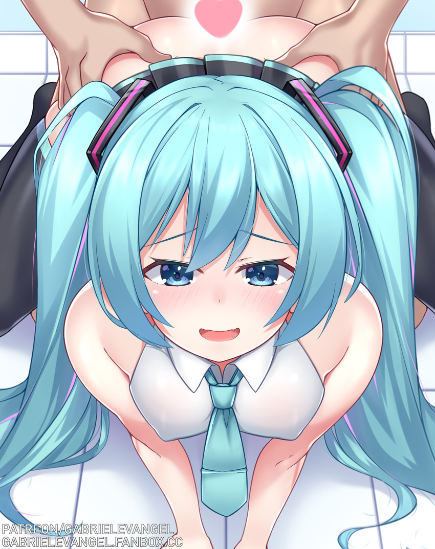 1boy ass_grab bangs between_breasts black_legwear blue_eyes blue_hair blush breasts censored collared_shirt doggy_style female from_above gabriel_evangel hair_between_eyes hatsune_miku heart heart_censor highres microskirt necktie necktie_between_breasts sex sex_from_behind shirt skindentation skirt smile thighhighs twintails vocaloid