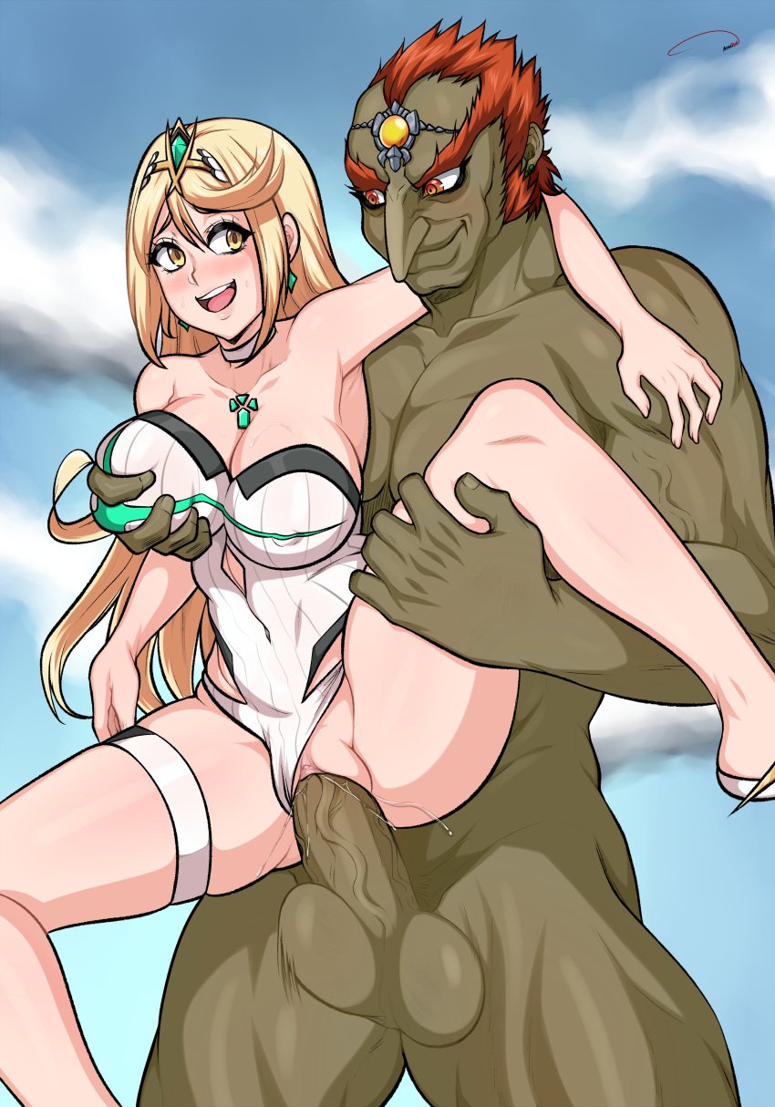 1boy 1girls aldharoku big_breasts blonde_hair blush breast_grab breasts clothed_sex competition_swimsuit core_crystal crossover dark-skinned_male dark_skin earrings ganondorf ganondorf_(ocarina_of_time) green_skin hi_res interspecies mythra nintendo ocarina_of_time penetration penis sex size_difference straight super_smash_bros. super_smash_bros._ultimate swimsuit tagme the_legend_of_zelda thick_thighs thighs tiara vaginal_penetration xenoblade_(series) xenoblade_chronicles_2 yellow_eyes