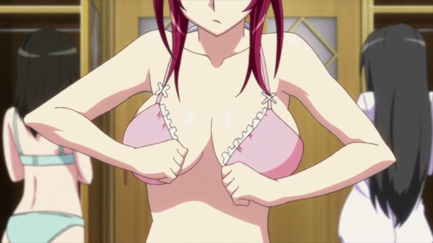 3girls animated blush bouncing_breasts bra breasts bursting_breasts cleavage hoods_entertainment huge_breasts large_breasts multiple_girls nipples oribe_mafuyu red_hair screencap seikon_no_qwaser underwear uno_makoto wardrobe_malfunction