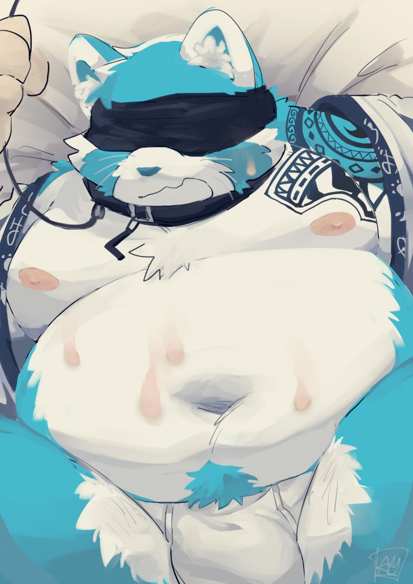 2022 absurd_res ailurid anthro belly big_belly blindfold blue_body blue_nose bulge clothing collar hi_res kemono l4zily laz_(lazxuszz) leash lying male mammal moobs navel nipples overweight overweight_male red_panda solo_focus tattoo underwear