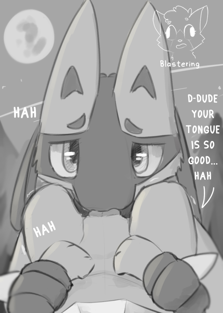 ambiguous_gender blastering dialogue digital_drawing_(artwork) digital_media_(artwork) duo eeveelution english_text female feral greyscale hi_res licking lucario monochrome nintendo pokemon pokemon_(species) puppy_eyes text tongue tongue_out vaporeon video_games