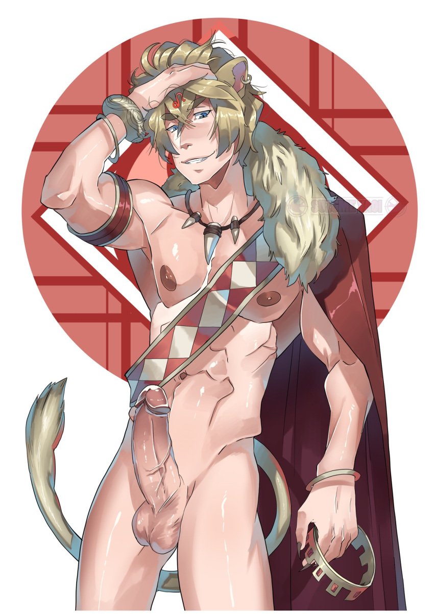 1boy boner cat_ears crown erect_penis erection hard_on leo_(zodiac) lion_ears lion_tail male_only muscles muscular muscular_male necklace solo_male suzumeyaoi uncut veiny_penis zodiac