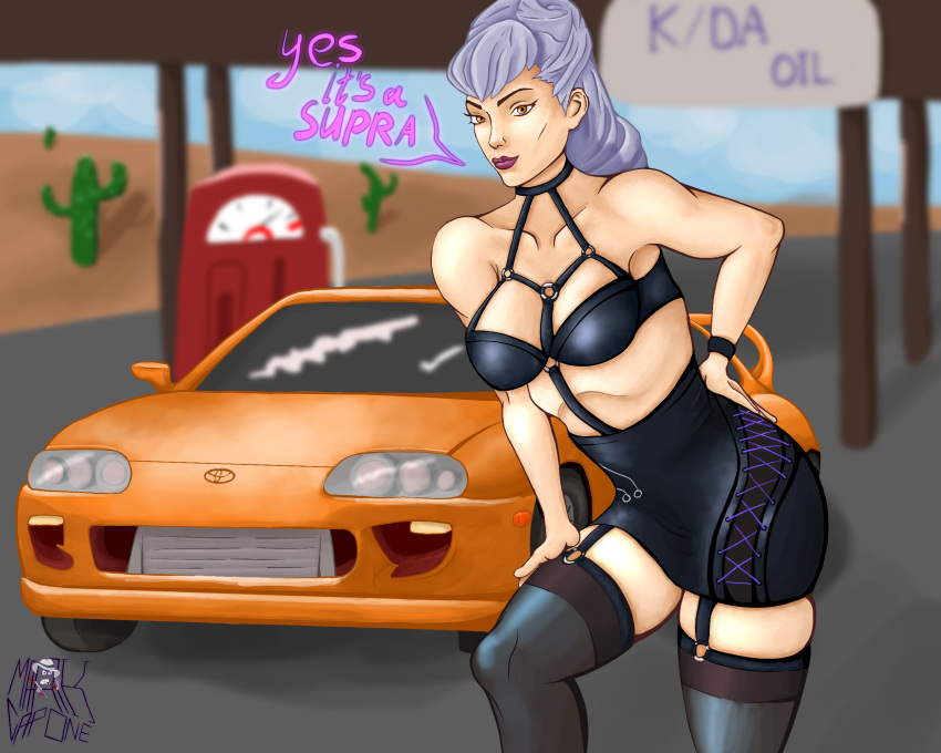 1girls 2d cactus car clothed desert evelynn female female_only fully_clothed gas_station k/da_all_out_evelynn k/da_all_out_series k/da_series league_of_legends lipstick long_hair nasoloda outdoors pink_lipstick posing shiny_clothes skirt solo stockings succubus text toyota toyota_supra toyota_supra_mk4 white_hair yellow_eyes