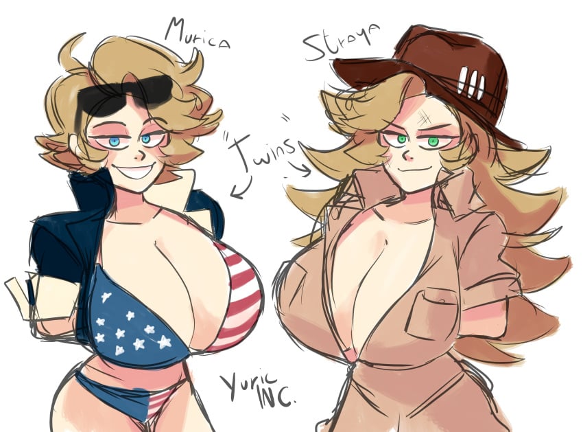 2girls american_flag american_flag_bikini australia australia_(countryhumans) australia_(yuric_inc) australian big_breasts bikini blonde_hair blue_eyes breasts breasts_bigger_than_head busty cleavage cleavage_window country_inc_(yuric_inc) countryhumans countryhumans_girl female female_only glasses green_eyes hat huge_breasts human human_only large_breasts light-skinned_female light_skin long_hair multiple_girls national_personification oc presenting_breasts short_hair text thick_thighs trait_connection twins united_states_of_america_(countryhumans) usa_(yuric_inc) wide_hips yuric_inc