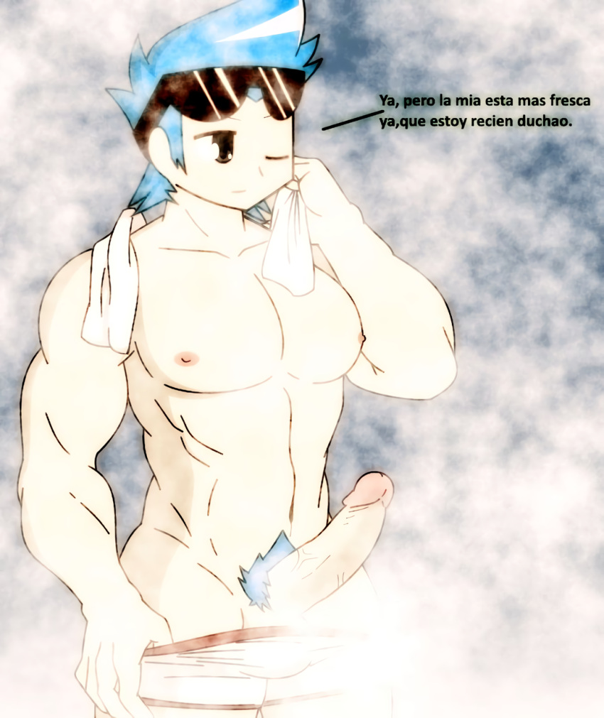 abs balls bara bath bathroom blue_hair blue_pubic_hair bottomwear boxers burebure genitals los_compas male male_focus male_only minecraft_youtubers muscular_arms muscular_male nipples one_eye_closed pecs penis penis_out pulling pulling_clothing pulling_underwear retracted_foreskin sauna spanish_text text timbavk towel two_tone_bottomwear two_tone_underwear uncut underwear undressing veiny veiny_penis white_boxers youtube_hispanic youtuber