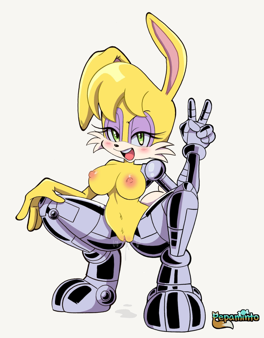 anthro big_breasts blush breasts bunnie_rabbot crouching cybernetic_arm cybernetic_leg cybernetic_limb dripping_pussy female fur furry furry_only gesture hand_on_knee hand_on_leg hi_res lagomorph leporid mammal nipples open_mouth open_smile pepamintop pussy rabbit seductive smile solo sonic_(series) sonic_the_hedgehog_(archie) sonic_the_hedgehog_(comics) sonic_the_hedgehog_(series) spread_legs spreading v_sign