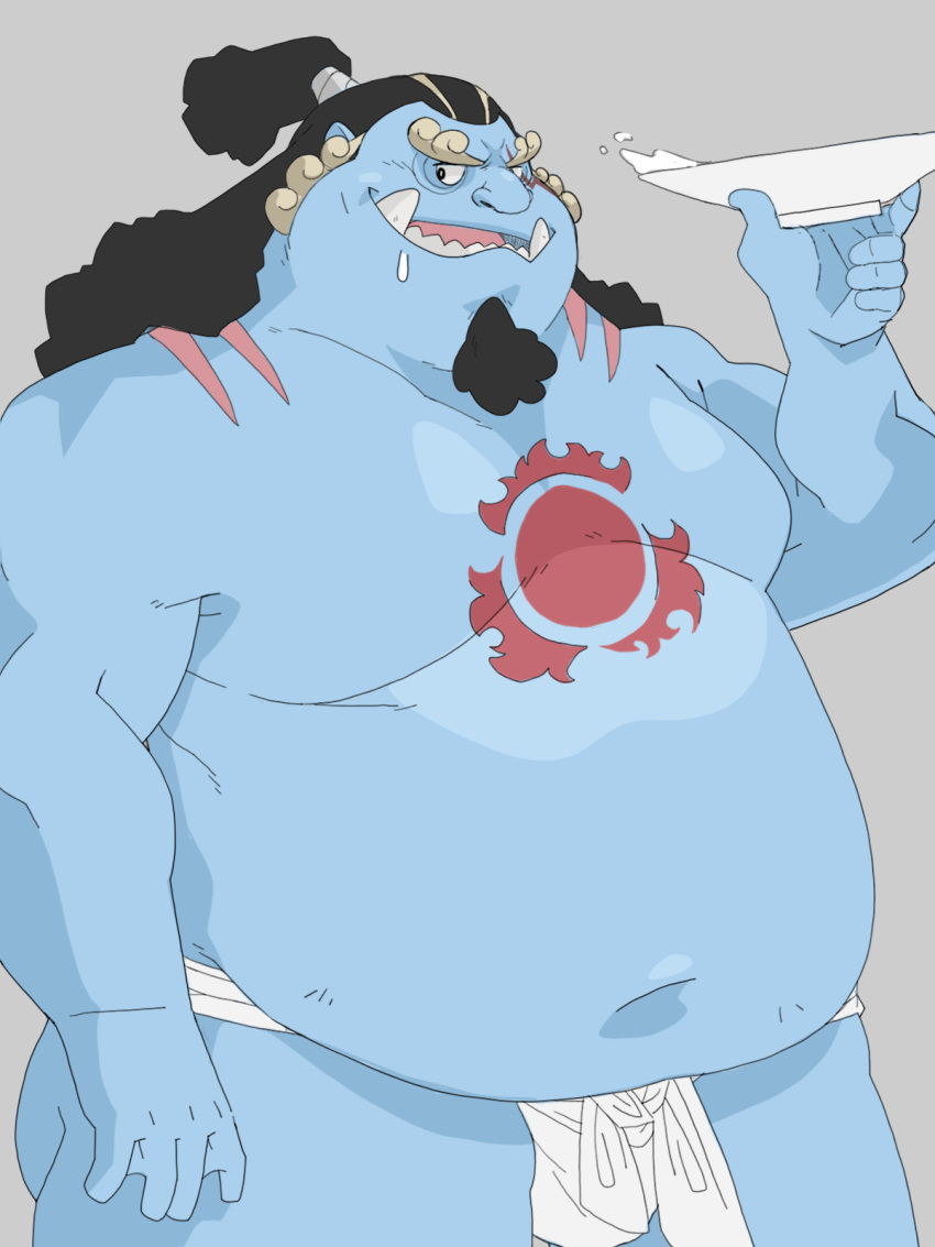 2022 anthro asian_clothing belly big_belly blue_body bluewhale127 bulge clothing east_asian_clothing fish-men_(one_piece) flaccid fundoshi hi_res japanese_clothing jinbe kemono male male_only marine moobs one_piece overweight overweight_male simple_background solo underwear white_clothing white_fundoshi white_underwear