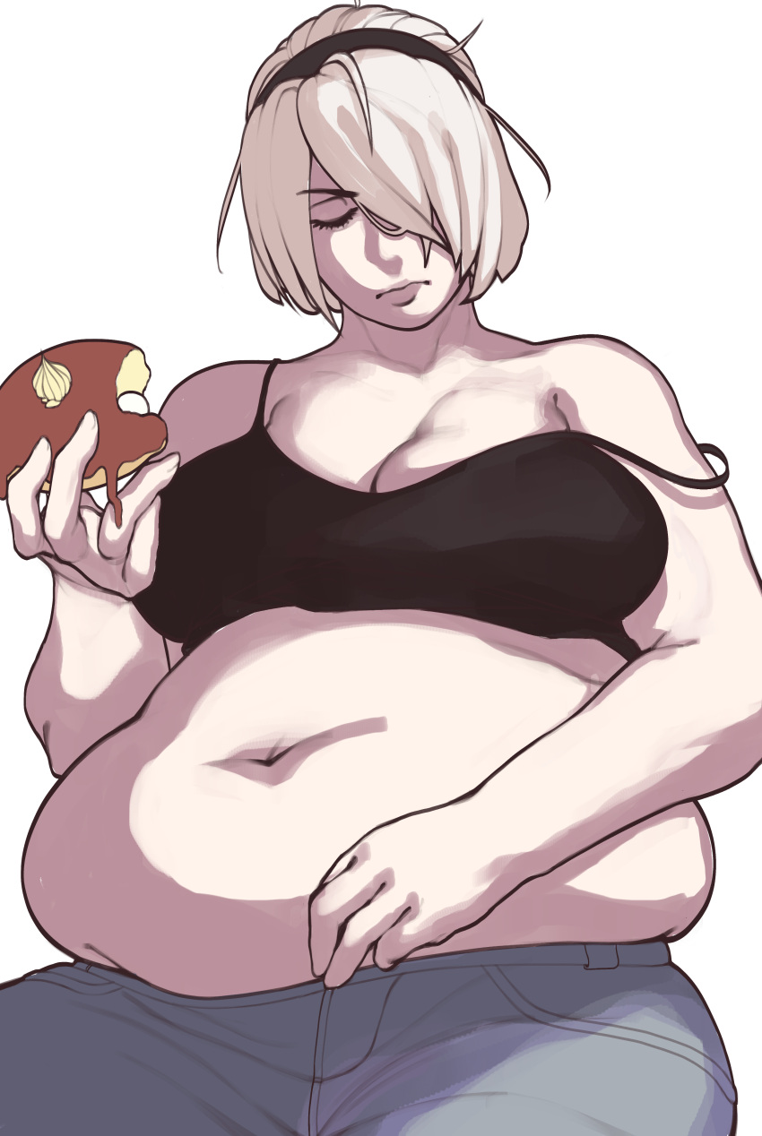 1girls bbw belly big_belly breasts chubby chubby_female fat fat_female fat_girl fat_woman female female_only food hairband huge_belly kafekafei light-skinned_female light_skin muffin_top nier nier:_automata obese obese_female overweight overweight_female short_hair solo solo_female weight_gain white_background white_hair yorha_2b