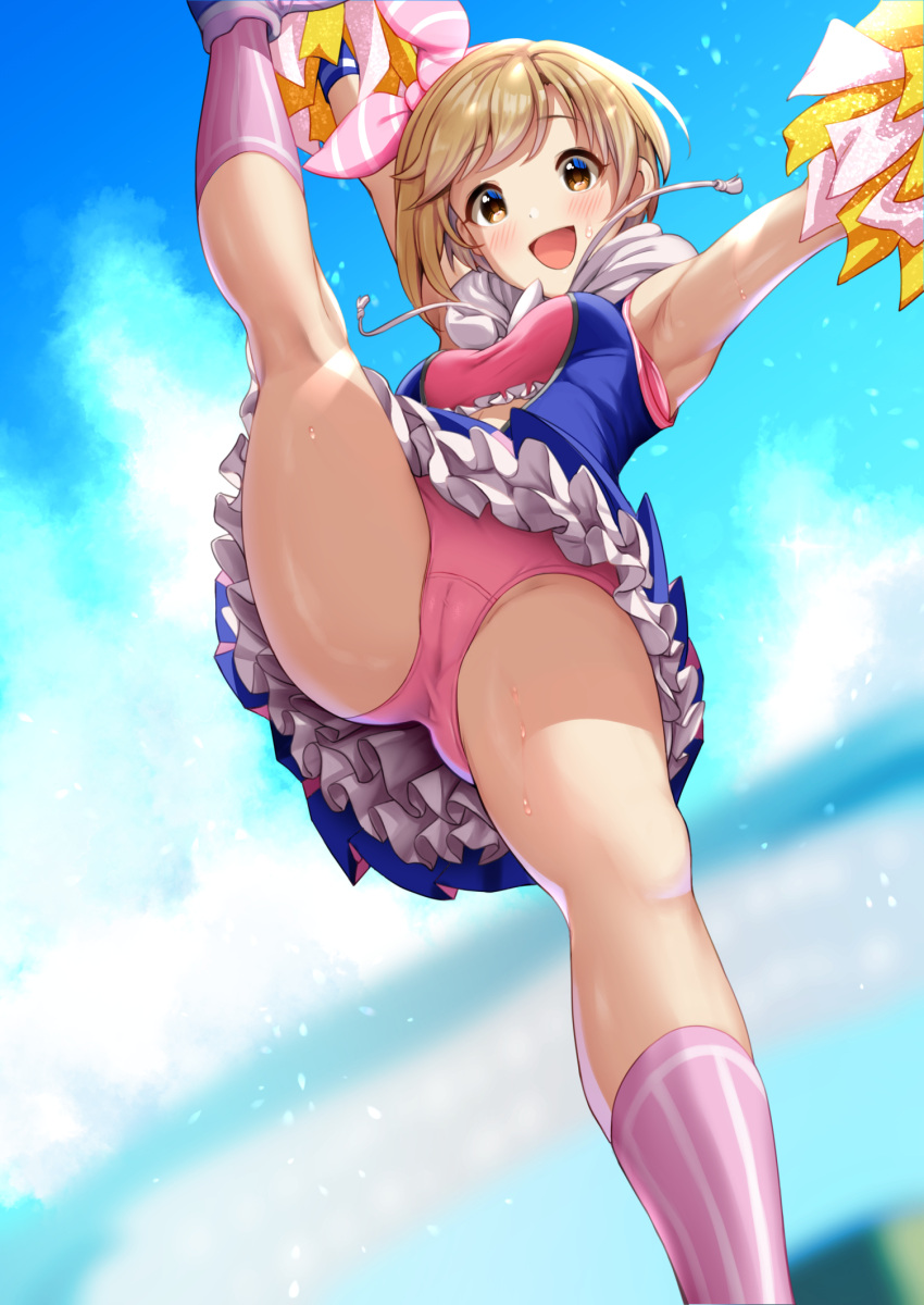 :d aiba_yumi arm_up armpits bangs blue_sky blurry blurry_background blush brown_eyes cameltoe cheerleader feet_out_of_frame female frilled_skirt frills from_below highres hogey_nk-2000 holding holding_pom_poms hood hoodie idolmaster idolmaster_cinderella_girls kneehighs leg_up light_brown_hair light_particles looking_at_viewer open_mouth outdoors outstretched_arm panties pantyshot pink_footwear pink_legwear pink_panties pom_pom_(cheerleading) pom_poms short_hair skirt sky sleeveless smile standing standing_on_one_leg sweat underwear wristband