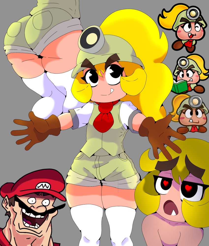 ass big_ass big_eyebrows big_eyes cute cute_fang fangs female frederickjdraws goomba goombella green_shorts helmet long_hair male mario mario_(series) meme paper_mario paper_mario:_the_thousand-year_door shorts shortstack speedrunner_mario terminalmontage thick thick_ass thick_thighs thighhighs wide_hips