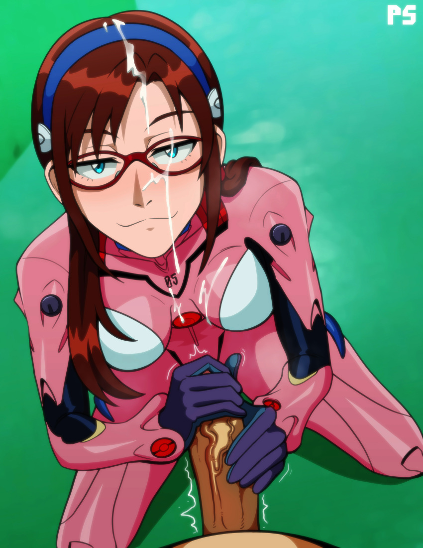 1boy 1boy1girl 1girls :3 blue_eyes bodysuit breasts brown_hair clothing cum female glasses gloves hairband handjob human interface_headset light-skinned_female light_skin long_hair looking_at_viewer male male_pov mari_illustrious_makinami medium_breasts neon_genesis_evangelion penis pilot_suit plugsuit pov pumpkinsinclair rebuild_of_evangelion sex shinji_ikari skin_tight smirk smirking smirking_at_viewer straight twintails