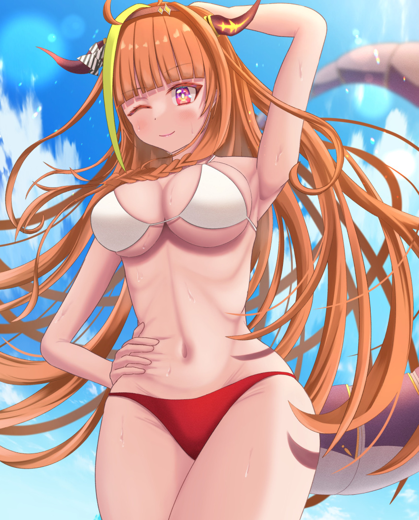 ahoge arm_behind_head arm_up armpits bangs bikini blue_sky breasts cleavage cloud dragon_girl dragon_horns dragon_tail female from_below hand_on_hip highres holoforce hololive hololive_japan horns karobevy kiryu_coco long_hair medium_breasts messy_hair multicolored_bikini multicolored_clothes multicolored_hair navel one_eye_closed orange_hair refraction sky smile stomach streaked_hair swimsuit tail virtual_youtuber wet wide_hips